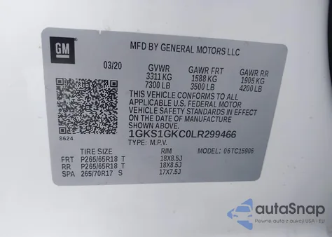 2020 GMC Yukon Xl 2Wd Slt из США, поврежденный, VIN 1GKS1GKC0LR299466